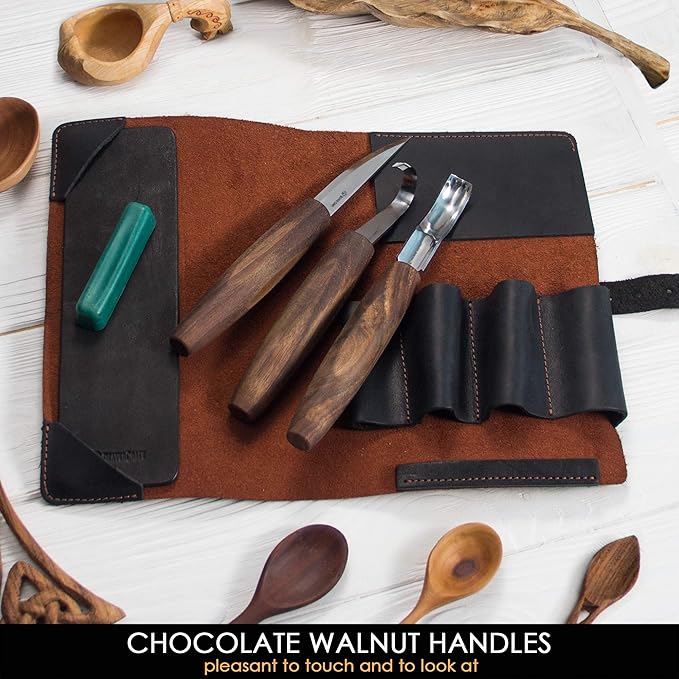 BeaverCraft Wood Spoon Carving Tools Kit S14x Deluxe - Whittling Tools Set Includes Sloyd Wood Carving Knife, Hook Knife, Gouge, Leather Roll-Up Case & Leather strop with Polishing Compound