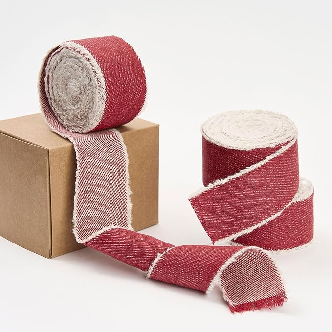 Pretty Jolly Red Denim Ribbon for Crafts Handmade Rustic Frayed Cotton Jean Fabric Ribbon for Flower Bouquet 15 Yards 1 1/2 Inch Cloth Ribbons for Gift Wrapping Hair Sewing Accessories Holiday Decor
