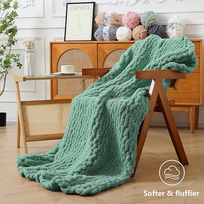 Chunky Yarn for Hand Knitting - #10 Chunky Chenille Yarn, Jumbo Big Thick Chunky Yarns for Crocheting, Super Bulky Chunky Knit Blanket Yarns, 8 Skein (25 yds 8 oz Each Skein), Misty Jungle Green
