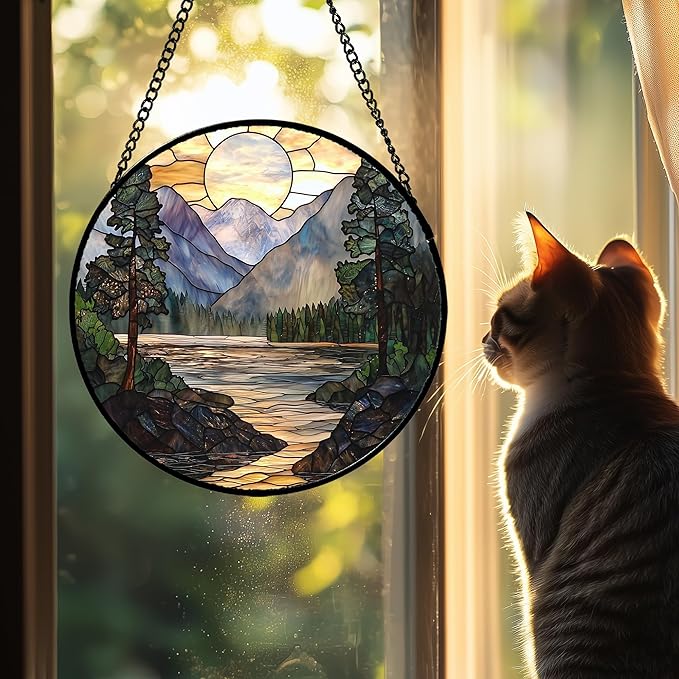 Stained Glass Window Hanging, Sunset Mountains Lake Tree Sun Catcher for Window Home Decor Landscape Suncatcher Mother's Day Birthday Gifts for Women Men Mom and Nana 9.8 in