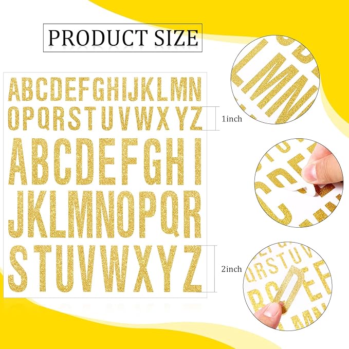 8 Sheet Glitter Letter Stickers Vinyl Alphabet Stickers Waterproof Self Adhesive Stick on Letters for Poster Bulletin Board Mailbox School Classrooms Decor(1 Inch, 2 Inch,Gold)