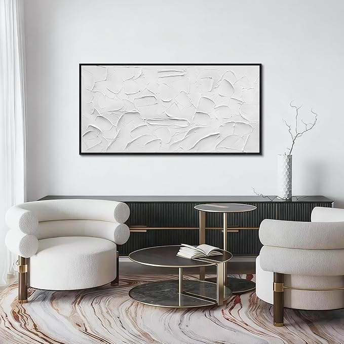 Large Hand-Painted Oil Painting on Canvas Black Frame White Textured Wall Art Abstract Minimalist 3d Artwork Neutral Wall Picture Home Decor for Living Room Bedroom Office Ready to Hang 60x30inch