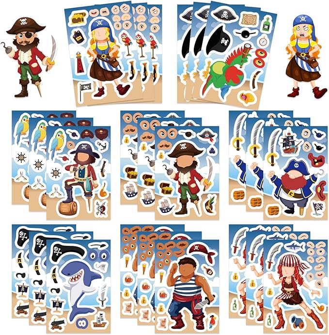 Pirate Make a Face Stickers – 24 Sheets Mix & Match Pirate Expression & Accessories, DIY Face Stickers for Journaling, Scrapbooking, Creative Collage