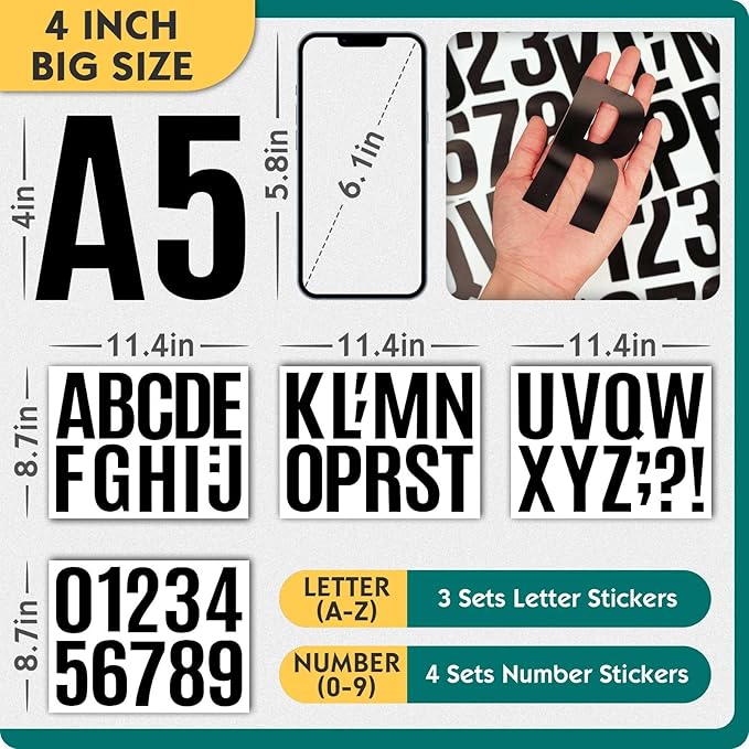 Seloom 13 Sheets Alphabet Stickers,4 Inch Large Vinyl Letter Number Stickers Self Adhesive,Waterproof Numbers Alphabet Letters Labels for DIY Crafts,Mailbox,Notebook,Door,Water Bottles,Car(Black)