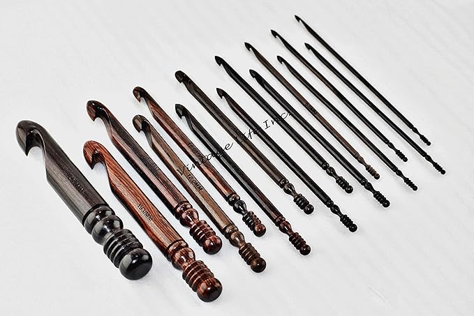 DnU Avenue Rosewood Set of 15 Ergonomic Crochet Hooks 3.5 MM to 25 MM, Wooden Yarn Crochet Hooks for Arthritic Hands, Knitting & Crochet Hook Organizer, Soft Grip, Wood Finish, Brown (Only Hooks).