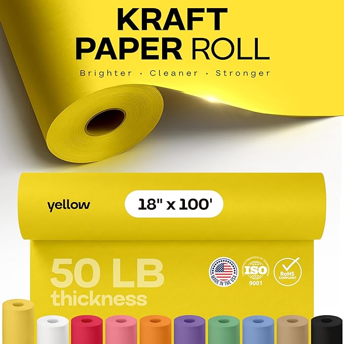 18" x 1200" (100 feet) Yellow Kraft Paper Roll - USA-Made Quality Craft Paper for Gift Wrapping, Kids' Arts & Crafts, School Projects - 100% Recycled Natural Material 50lb Thickness by IDL Packaging