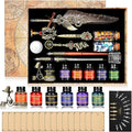 Quill Pen Ink Set, With Quill Pen, Wooden Dip Pen, Glass Dip Pen, 6 Bottles Ink, 16 Letter Paper, 2 Envelopes, 17 Nibs, Pen Holder,2 Bottles Fire Lacquer Wax, Stamp, Spoon, White Wax, Cup(Grey)