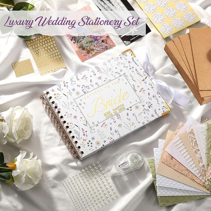Humyoun 8.5 x 7 Inch Wedding Guest Book Letters to The Bride Scrapbook Wedding Memory Book Bridal DIY Blank Paper Scrapbook Photo Album Guest Sign with Pearl Stickers (133 Pcs,Wildflower)