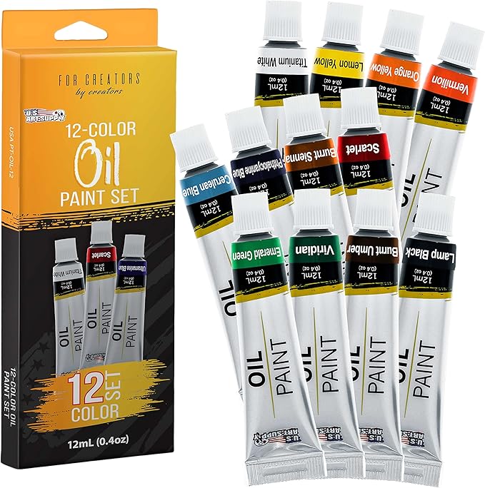 U.S. Art Supply Professional Oil Paint Set - 12 Vibrant Colors in 12ml Tubes for Canvas, Wood & Art Surfaces - Oil Based Paint for Artists, Adults & Students