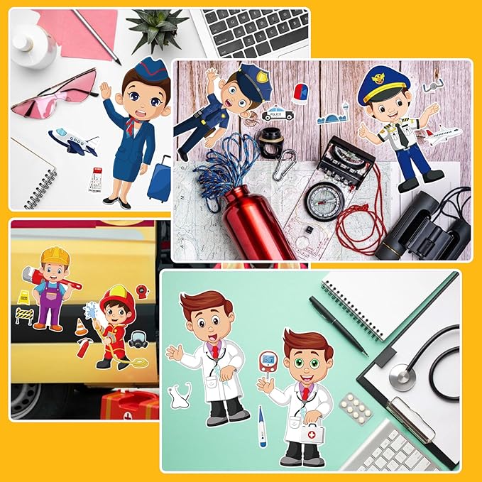 DUJAA 24 Sheets Occupation Post Stickers, Educational Stickers for Kids, Firefighter Doctor Policeman Chef Teacher, Color, Paper, Cartoon, Rectangular, Indoor/Outdoor, 24 Count