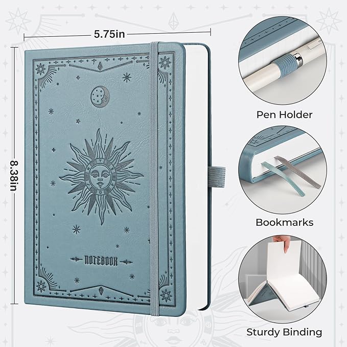 EMSHOI Bullet Dotted Journal Notebook - 320 Pages, 100gsm Thick Paper, A5 Hardcover Leather, Dot Grid Notebook for Women Men Work Writing, Bullet Journaling, Drawing, 5.75 x 8.38, GrayBlue