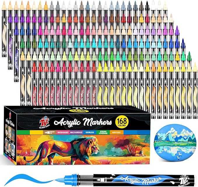 TBC The Best Crafts Acrylic Paint Markers, 168 Colors Water-Based Paint Pens for Art and Craft Projects, Multi-Surface Use on Fabric, Glass, Wood, Stone, Metal, Ceramic, Canvas, Rock