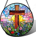 Christian Gifts for Women - Cross Stained Glass Window Hanging Jesus Easter Colorful Wildflowers Sun Catcher Garden Religion Decor Mother's Day Catholic Gift for Men Grandma Mom Her 9.8"