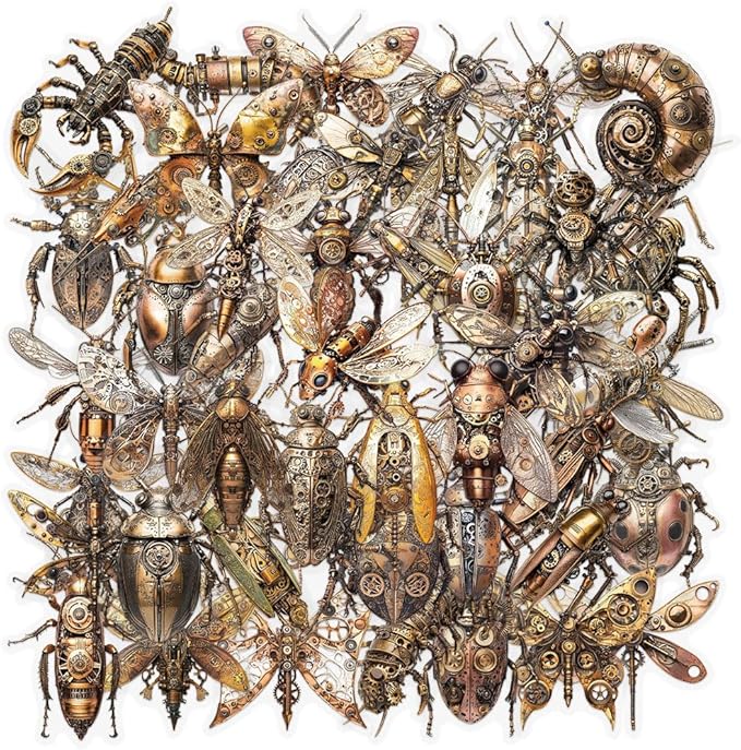 50 Pcs Steampunk Insect Stickers for Scrapbooking – Vintage Mechanical Bug Decals with Gears & Clockwork, Clear Waterproof Aesthetic Stickers for Journaling, Water Bottle, DIY Crafts