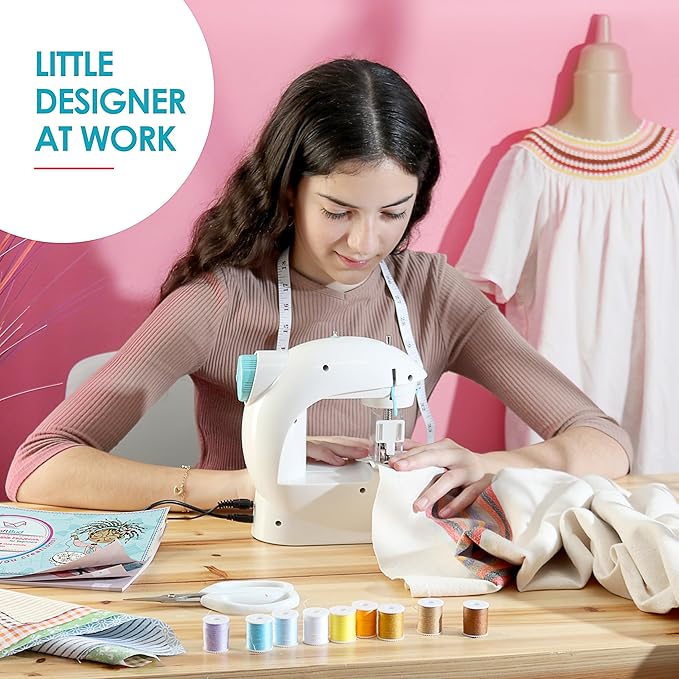 CraftBud Mini Sewing Machine for Beginners, Dual Speed Small Portable Sewing Machine for Kids and Adults with Extension Table, 48 Piece Gift Set Includes, Pedal, Projects Book, Light and More, White