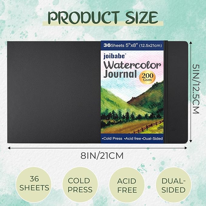 Joibabe Watercolor Journal，Cold Press Watercolor Paper Sketchbook 8” x 5”，36 Sheets 200gsm Watercolor Paper, Acid-Free for Watercolors, Gouache, Acrylics and Mixed Media（Black）