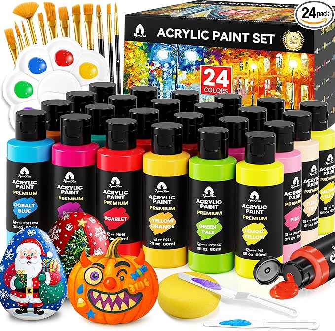 40 Pcs Acrylic Paint Set - 24 Colors (2oz/60ml) with 12 Brushes, 2 Knives & Palette - Rich Pigments for Adult, Artists & Beginners - Painting on Halloween Pumpkin Canvas Ceramic Rock Wood
