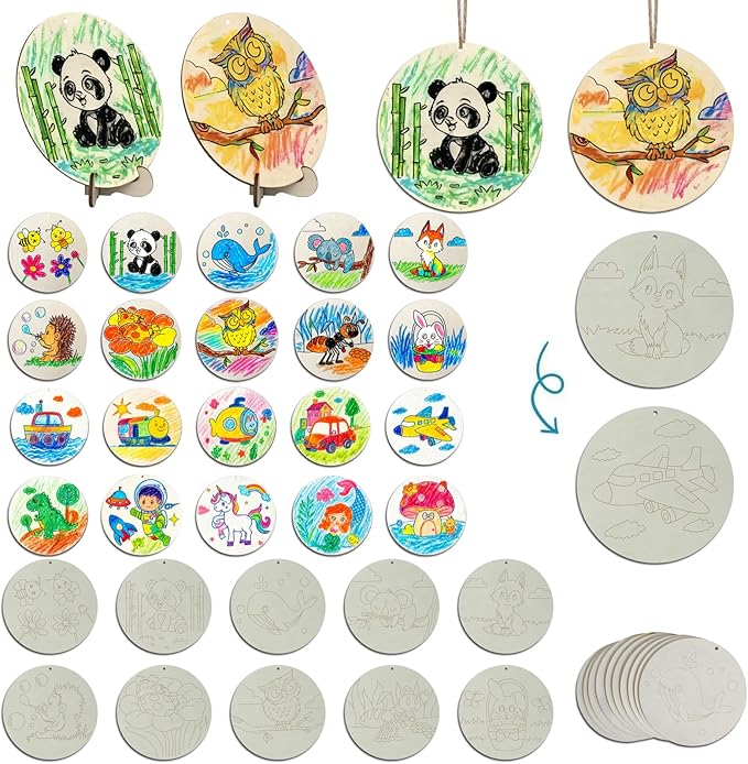 10PCS Wood Ornaments for Crafts with Double-Sided Designs Wood Circles for Crafts to Paint for Kids Hang or Display with Stand Wooden Ornaments for boy and Girl Ages 4-8