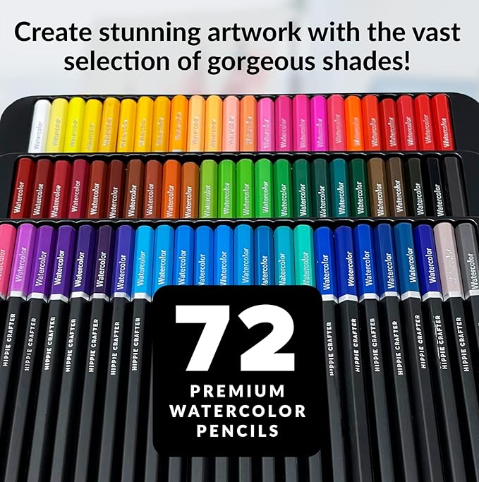 HIPPIE CRAFTER Watercolor Colored Pencils, Professional 72-Piece Set, Bulk Water Color Pencils for Adult Coloring, Painting, Drawing, and Art for Artists and Beginners