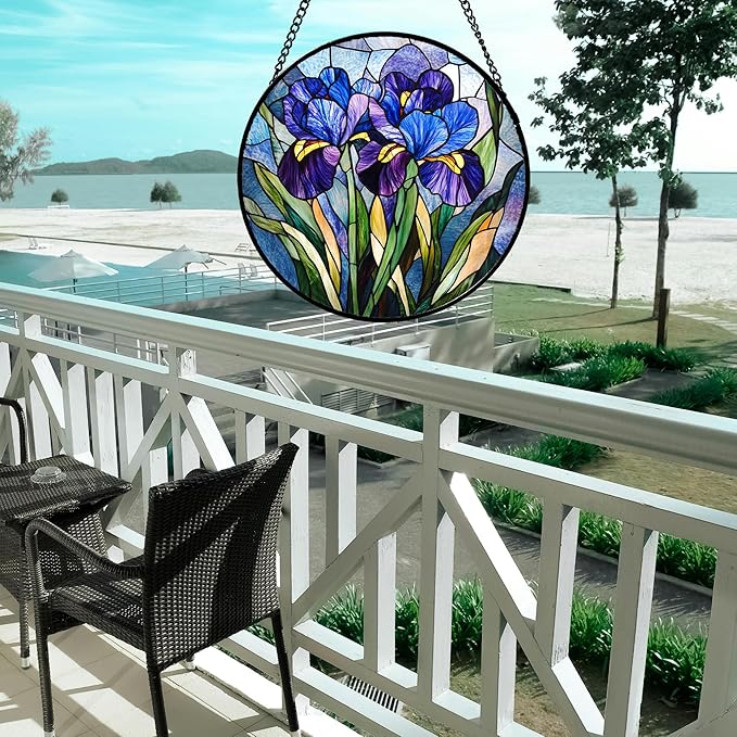 Stained Glass Window Hanging - Blue Purple Iris Flower Suncatcher for Door Garden Patio Sun Catchers Decor Christmas Mother's Day Birthday Gifts for Women Men Mom Nana Aunt Friend 9.8 in