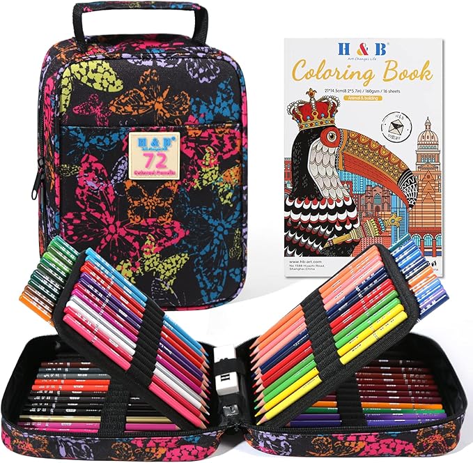 H & B 72-Color Colored Pencils Set with Coloring Book, Eraser, and Sharpener - Perfect for Drawing and Coloring - Soft Oil-Based Cores Ideal for Adults and Beginners