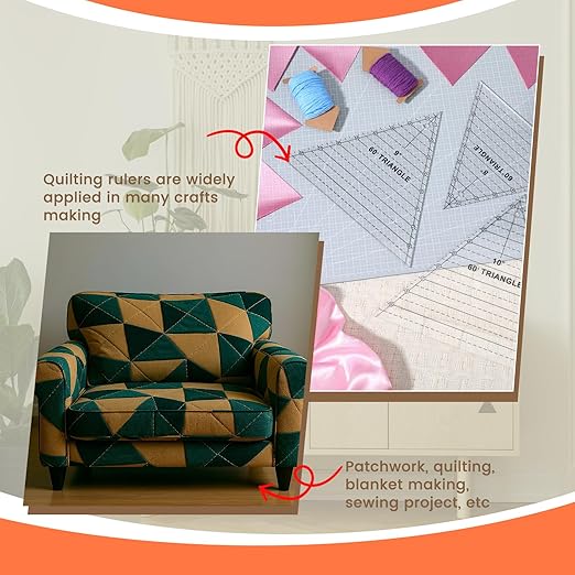 3 Pcs 60 Degree Triangle Ruler for Quilting 8 9 10 Inch Acrylic Template Rulers Quilting Sewing Layer Cake Patchwork Supplies for Cutting Pattern DIY Craft(Clear)