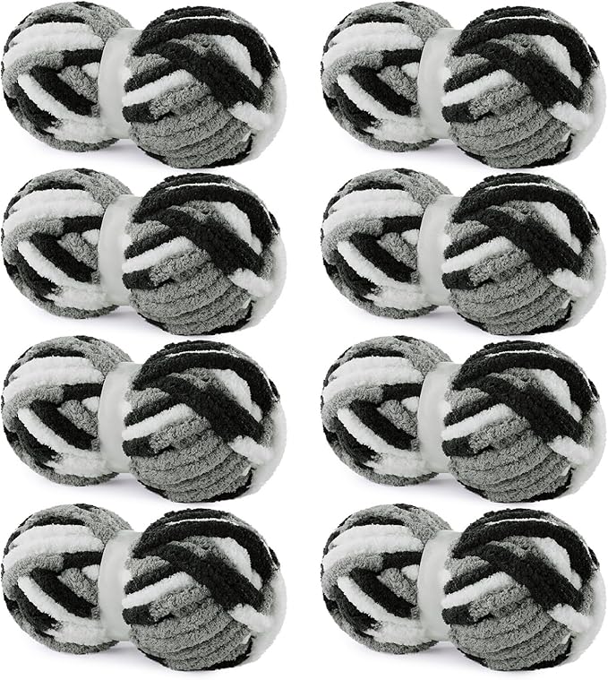 HOMBYS Grey Multi Chunky Chenille Yarn for Hand Knitting,Fluffy Soft Jumbo Yarn Crocheting,Super Bulky Big Yarn for Chunky Blanket,Large Thick Arm Knitting Yarn,8 Pack Plush Yarn