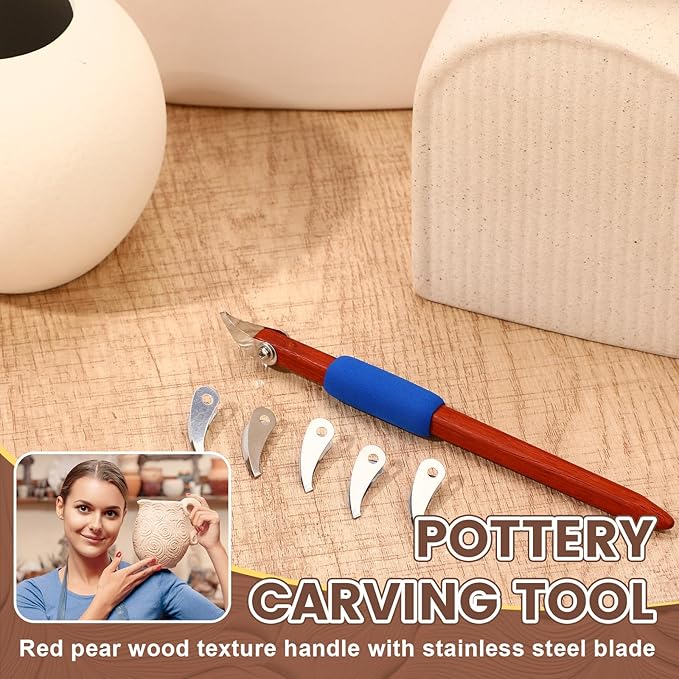 Lanties Pottery Carving Tools Set Include 5 Stainless Steel Blades & Red Pear Wood Handle, Sculpture Scraper Craft Modelling Tools for Clay, Ceramic Sculpting, Graffito, Relief Art (V-tip)