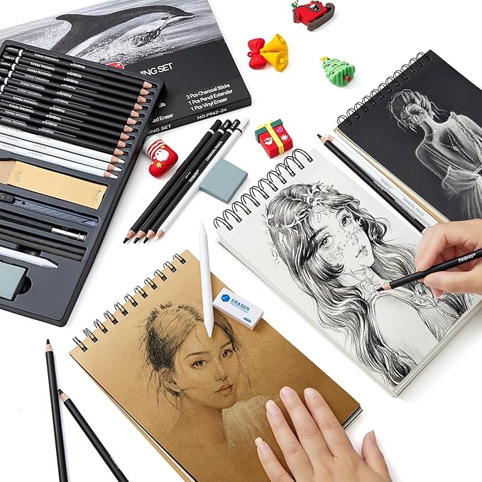 PANDAFLY 24 Piece Charcoal Drawing Set, Black & White Charcoal Pencils for Drawing, Sketching, Shading, Blending, Artist Pencils for Adults Beginners & Pro Artists