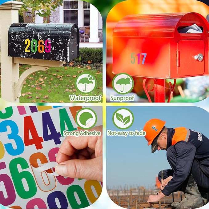 6 Sheets 2 Inch Mailbox Numbers Stickers Vinyl Decals,Self Adhesive Number Waterproof House Address Numbers for Outside Mailbox,Signs,Window,DIY Crafts Making,Door,Car,Home,Business(Multicolor)