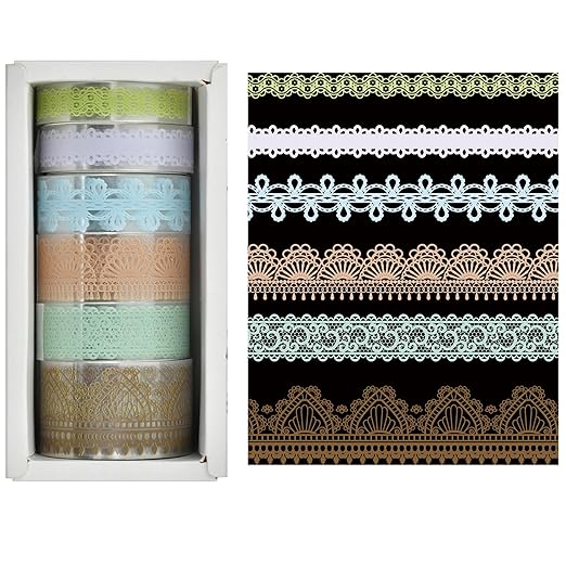 6 Rolls Lace Patterns PET Tapes Floral Arts Decorative Tape Set Adhesive Transparent Masking Tapes for DIY Craft, Kids, Scrapbook, DIY, Gift Wrapping, Journal (Shallow Like)