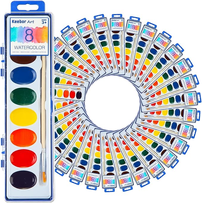 36 Pack Watercolor Paint Set, 8 Colors Washable Water Color with Paint Brush, Water Color Paint Sets for Kids and Adults, Party Favors, Christmas Gift
