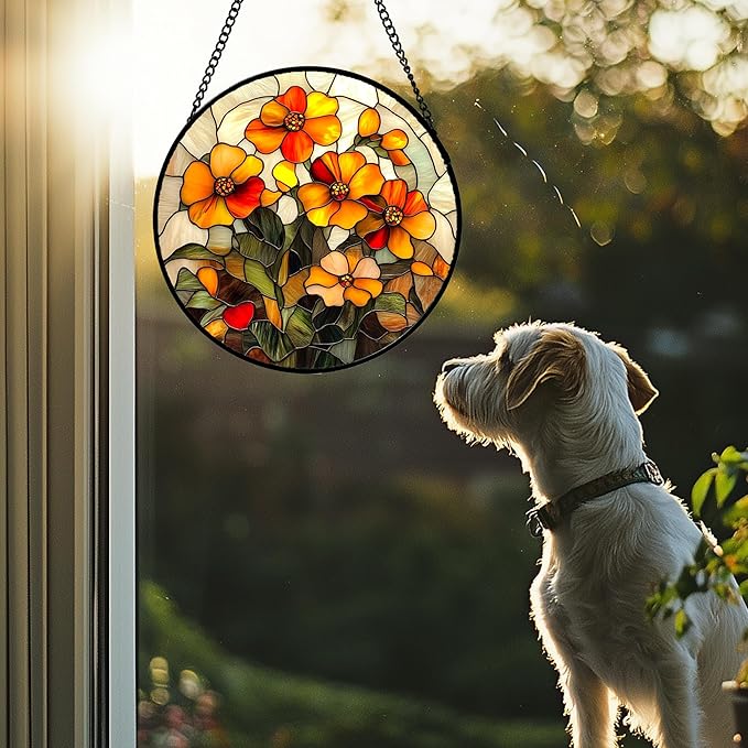Stained Glass Window Hanging - Orange Marigolds Flowers Suncatcher for Door Garden Yard Sun Catchers Decor Christmas Mother's Day Birthday Gifts for Women Mom Nana Girlfriend Men 11.8 in