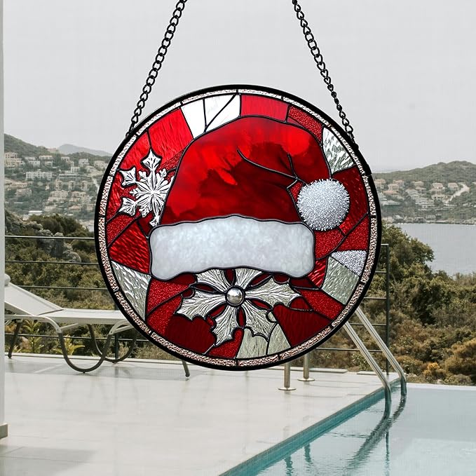 Stained Glass Window Hanging 4 Pcs Set Red Christmas Decorations Theme 7.8" - Suncatcher Door Garden Sun Catcher Decor Birthday for Mom Woman Nana Men Friend Wife