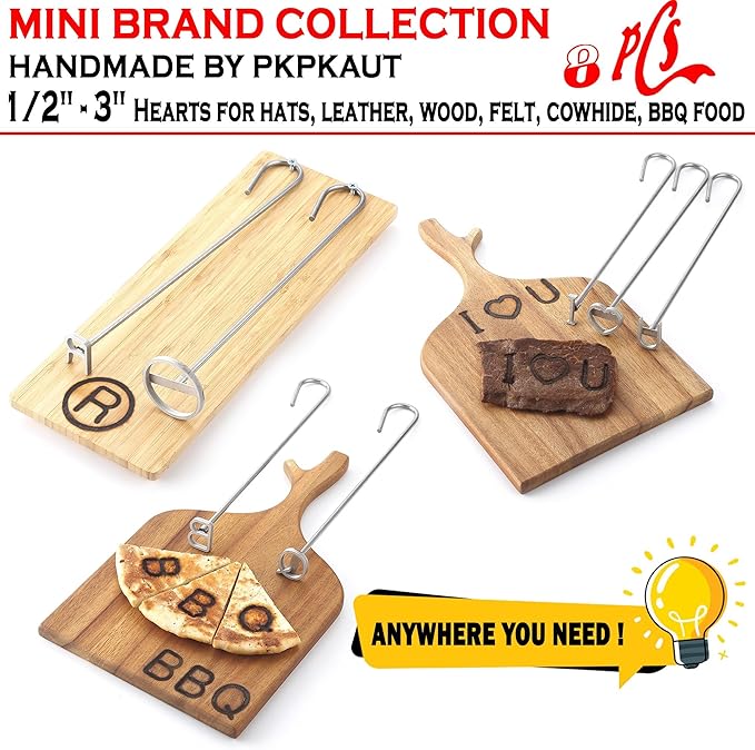 8Pcs Mini 1/2"-3" Branding Irons, Love/Heart Outlines Custom Wood Branding Iron Personalized for Wood Working, Leather Hats, Felt, Cowhide, BBQ & Bread Logo, Steak Branding Iron for Food
