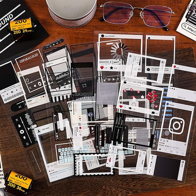 Vintage Camera Film Stickers for Scrapbooking,36 Sheets Transparent PET Photo Frame Stickers with 300+ Retro Designs for Journal and Photo Album Decoration