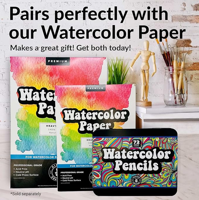 HIPPIE CRAFTER Watercolor Colored Pencils, Professional 72-Piece Set, Bulk Water Color Pencils for Adult Coloring, Painting, Drawing, and Art for Artists and Beginners