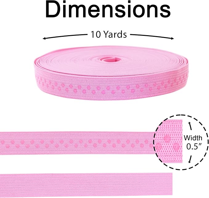 Mandala Crafts 0.5 Inch Elastic Silicone Gripper Tape for Clothing - 10 Yds Dotted Non Slip Elastic Band for Sewing - Pink Silicone Flat Fabric Stretchy Ribbon Straps