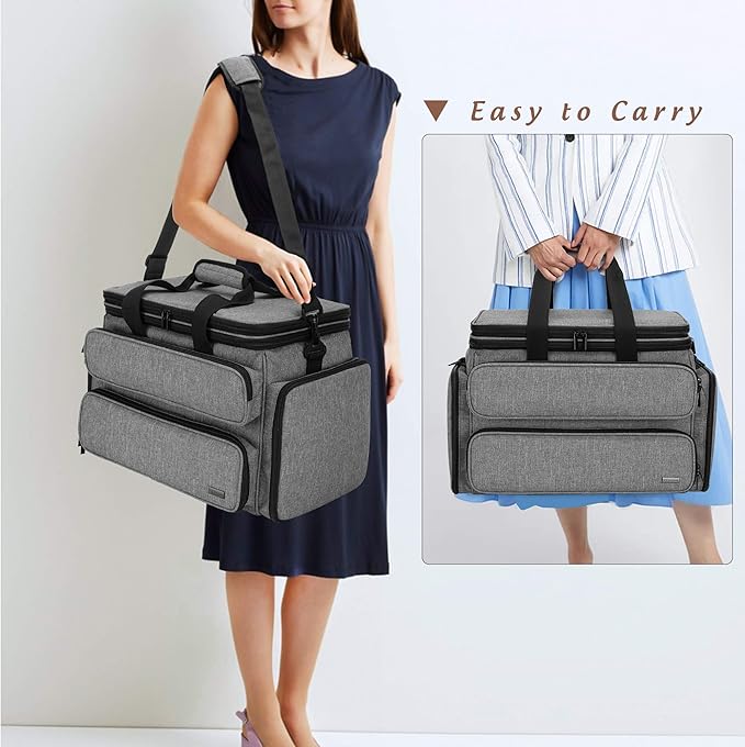 Yarwo Knitting Yarn Bag, Portable Crochet Storage Tote with Double Top Cover and Yarn Holes for Knitting Needles(Up to 14”), Unfinished Projects and Skeins of Yarn, Gray