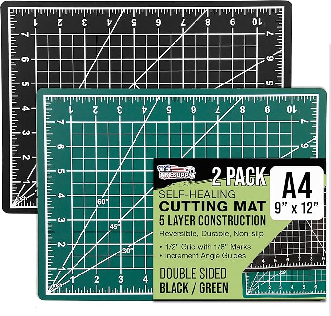 U.S. Art Supply 9" x 12" Self-Healing Cutting Mat 5-Ply (2 Pack) - Double-Sided Green/Black Craft Mat, Non-Slip Cutting Mats for Crafts, Sewing, Quilting, Scrapbooking
