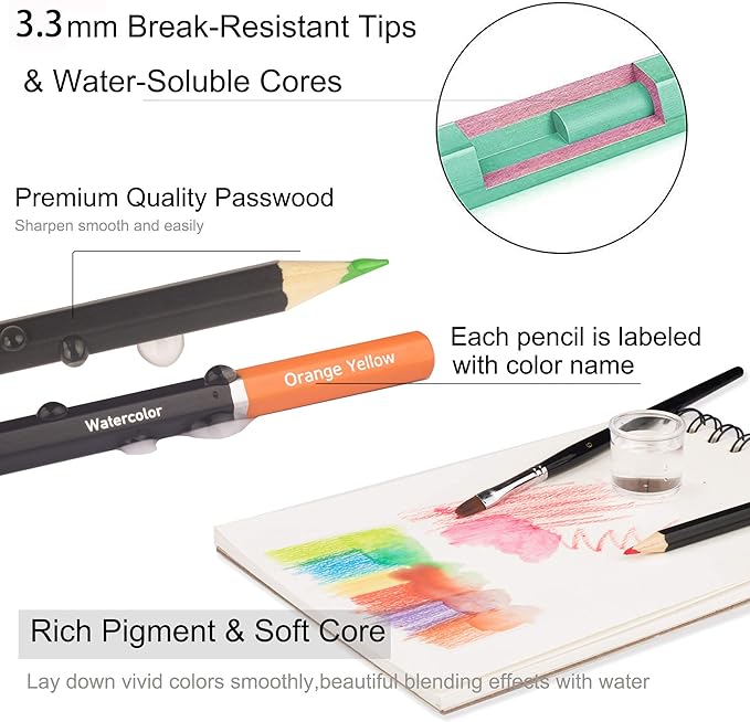 KALOUR Professional Watercolor Pencils with 2 Brush - 72 Colors - Beautiful Blending Effects with Wet or Dry - Ideal for Coloring Book - Water Soluble Pencils for Adults Beginners
