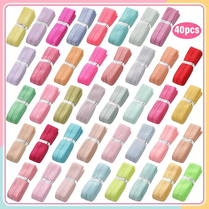 WILLBOND 40 Yards Fold over Elastic Solid Color Trim Elastic 40 Colors Ribbon Sewing Stretch Ribbon Band for Hair Bow DIY Craft Hair Ties Headbands (Pastel Color)