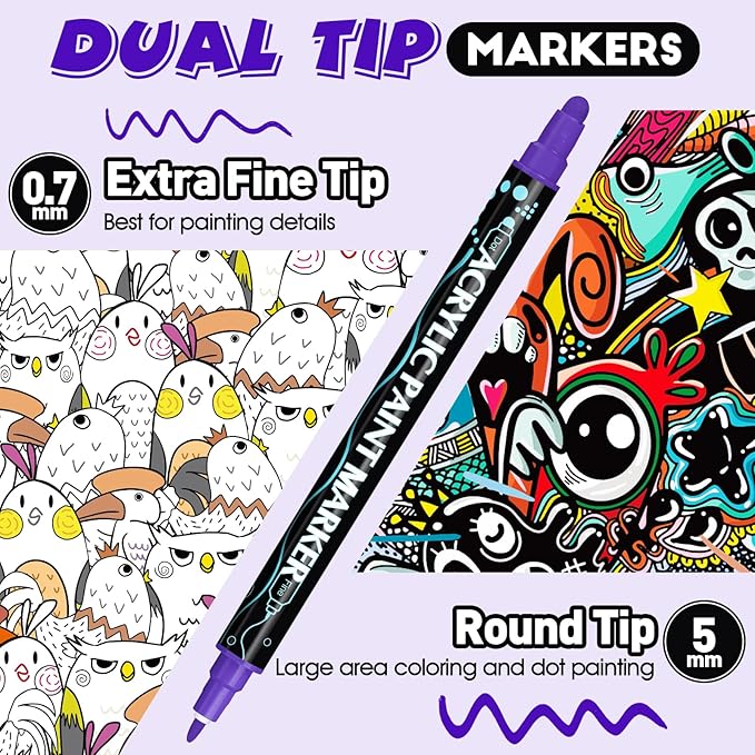 FUMILE 48 Colors Acrylic Paint Marker Dual Tip(Fine and Dot Tip), Paint Pens Acrylic Markers for Wood, Rock, Plastic, Glass, Ceramic, Canvas.Acrylic Markers Set for DIY Christmas Card and Art