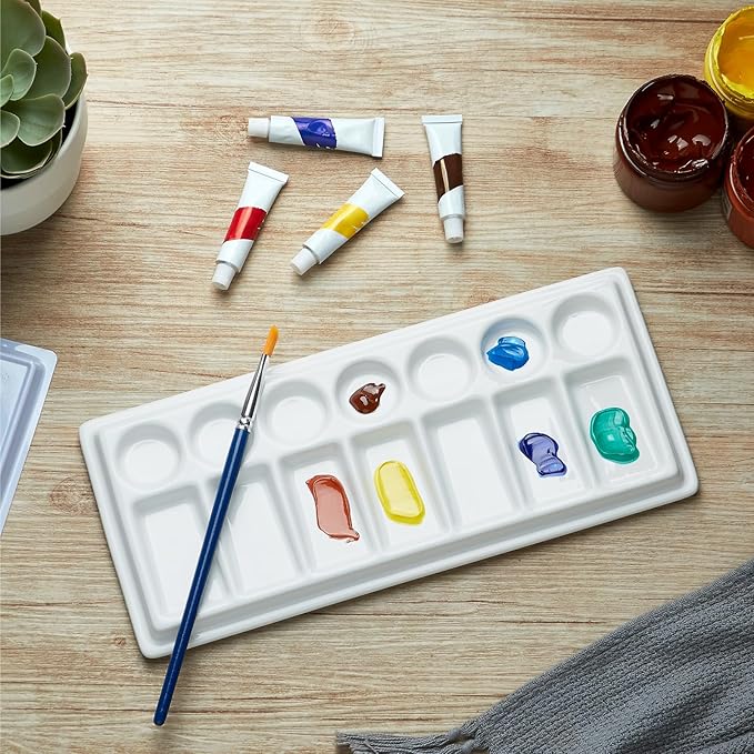 Rectangular Ceramic Paint Palette with Lid, 14-Well Porcelain Watercolor Mixing Tray for Acrylic, Oil & Gouache, Large Artist Watercolor Palette with Plastic Cover