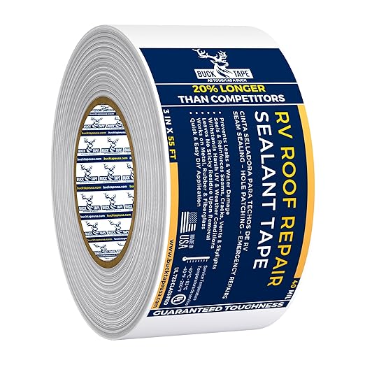 Buck RV Roof Sealant Tape – 3 Inch x 55ft, 40 Mil – Waterproof RV Tape for Roof Repair, Seams, Skylights, Vents & Window Leaks on Camper, Trailer & Boat, UV Resistant & Weatherproof, White, 1 Pack