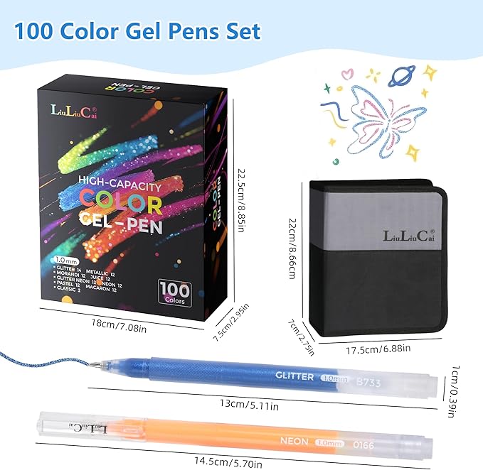 Gel Pens for Adult Coloring Book, 100 Colors Large Capacity Metallic Glitter Gel Pens with Case, 1.0 mm Bullet Tip Smooth Writing, Artist Colored Gel Ink Pen for Coloring Drawing Journaling