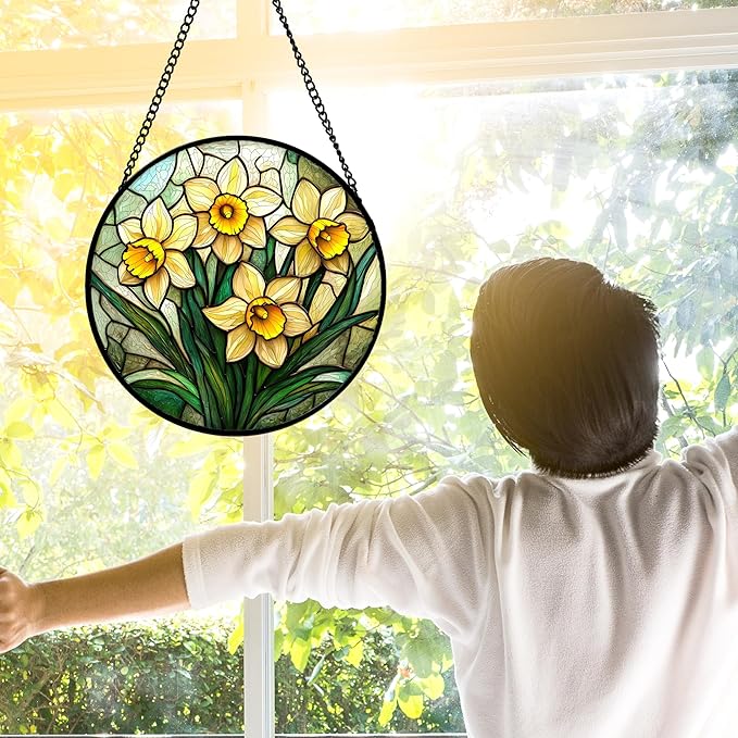 Stained Glass Window Hanging, Daffodil Plant Flowers Sun Catchers Diamond Glass Panel Hangings Suncatcher Decor for Birthday for Women, Men, Wife, Aunt, and Mom 7.8 in
