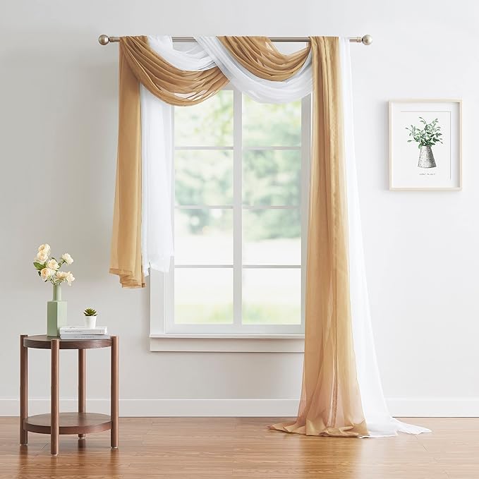 Warm Home Designs Wedding Arch Draping Fabric Bundle - 2 x 144 Inch (12 Feet) Scarves in Caramel Gold & White for Wedding Ceremony or Decoration. AD White & Gold 144”