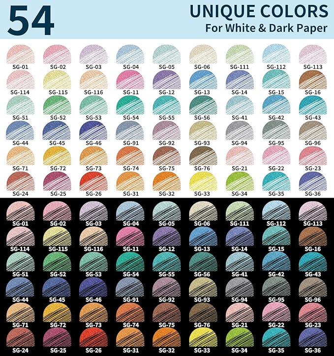 Glitter Gel Pens, 54 Pack Colored Pens for Black Paper & White Paper, 1.0mm Point Pens, Large Capacity Ink Pens for Coloring, Writing, Drawing, Journaling, Note Taking, Office, Home