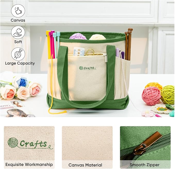 MYBAGZING Canvas Yarn Storage Organizer Bag Washable Crochet Bag with Pockets for Yarn, Hooks, Needles – Travel Knitting Tote for Crafters – Gift for Crocheters & Knitters (Medium/Large)